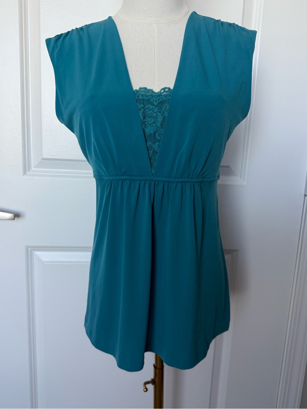 Alfani Y2K Teal Blue Empire Waist Lace Inset Babydoll Top - Size S